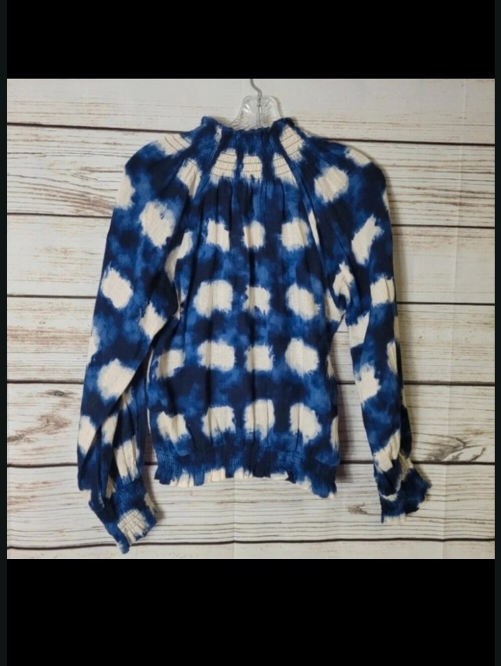 Anthropologie Blue and White Tie-Dye Smocked Long Sleeve Top